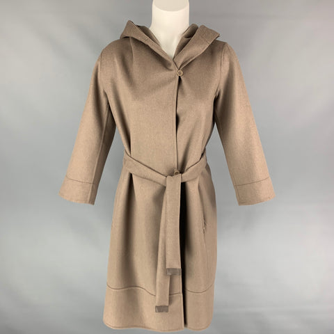 MAX MARA Size 6 Taupe Virgin Wool Hooded Belted Coat