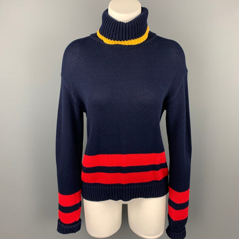 POLO par RALPH LAUREN Taille S Pull à col roulé en coton à rayures tricotées bleu marine