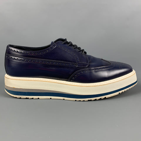 PRADA Size 10 Navy White Perforated Leather Platform Lace Up Shoes