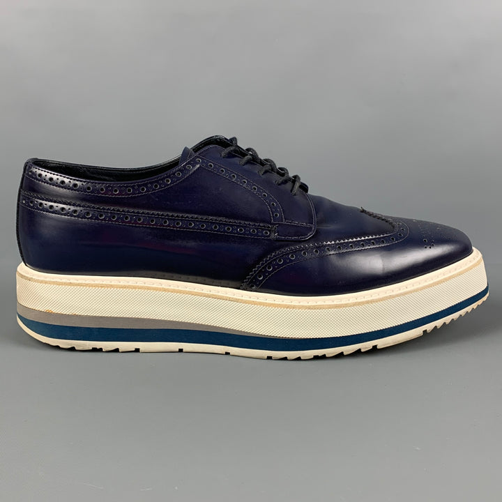 PRADA Size 10 Navy White Perforated Leather Platform Lace Up  display picture 3