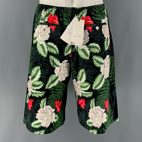 GUCCI Size 34 Green Black Floral Viscose Silk Joggers Shorts