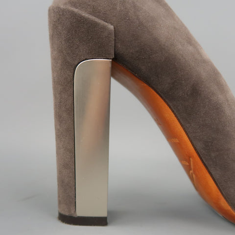 BRIAN ATWOOD Size 7.5 Taupe Suede Metal Chunky Heel Pumps