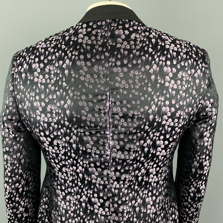 JOHN VARVATOS Size 42 Black & Lavender Floral Jacquard Silk Peak Lapel Sport Coat