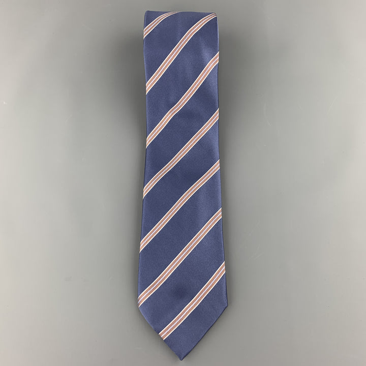 BRIONI Steel Blue & Orange Diagonal Striped Silk Tie