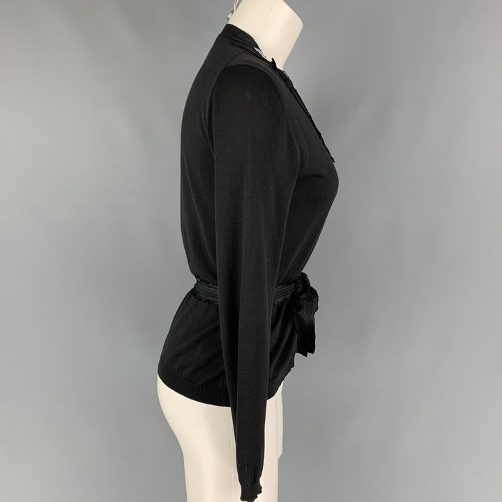 MIU MIU Size 4 Black Cotton Payette Sequin Belted Cardigan