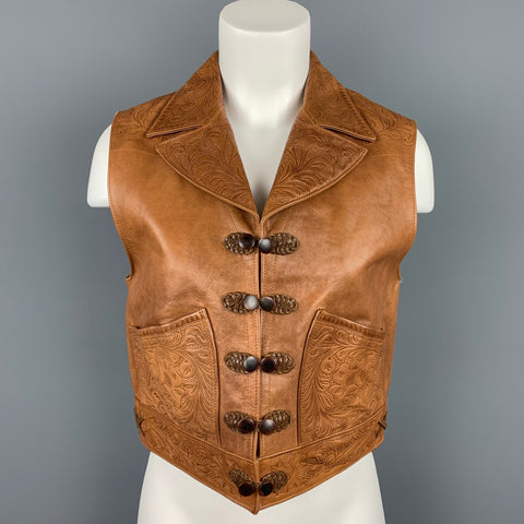 RALPH LAUREN Blue Label Talla M Chaleco occidental de cuero en relieve camello