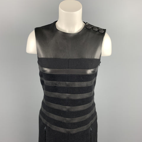 GAULTIER 2 Size 6 Black Virgin Wool Leather Trim Shift Dress
