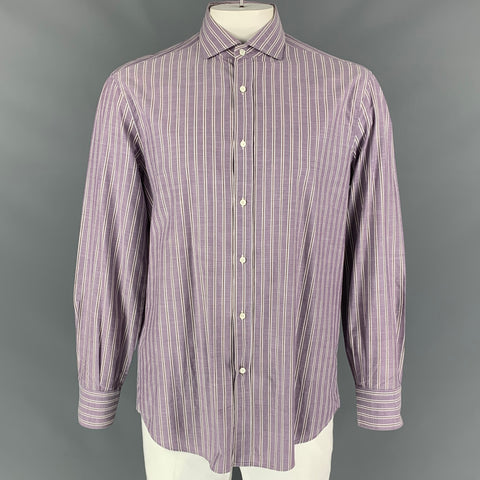 BRUNELLO CUCINELLI Size XXL Purple Stripe Cotton Basic Fit Long Sleeve Shirt