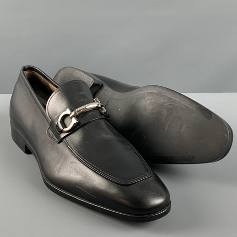 SALVATORE FERRAGAMO Size 9.5 Black Leather Penny Loafers