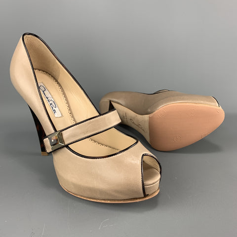 OSCAR DE LA RENTA Zapatos Mary Jane con punta abierta de cuero color topo talla 6