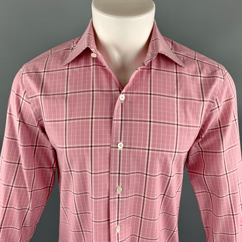 TOM FORD Size M Pink Plaid Cotton Spread Collar Button Up Long Sleeve Shirt