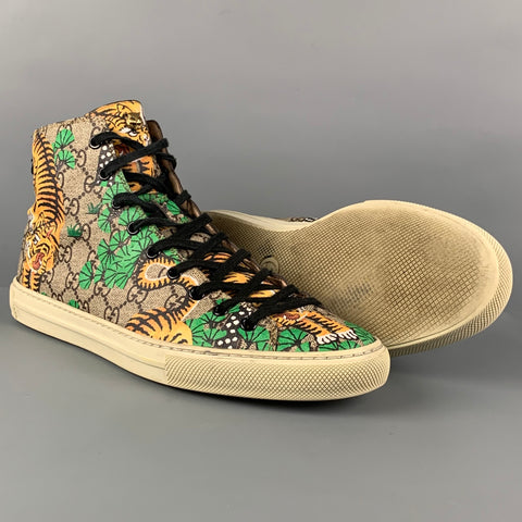 GUCCI Size 9.5 Brown Green Bengal Tiger GG Monogram Coated Canvas High Top Sneakers