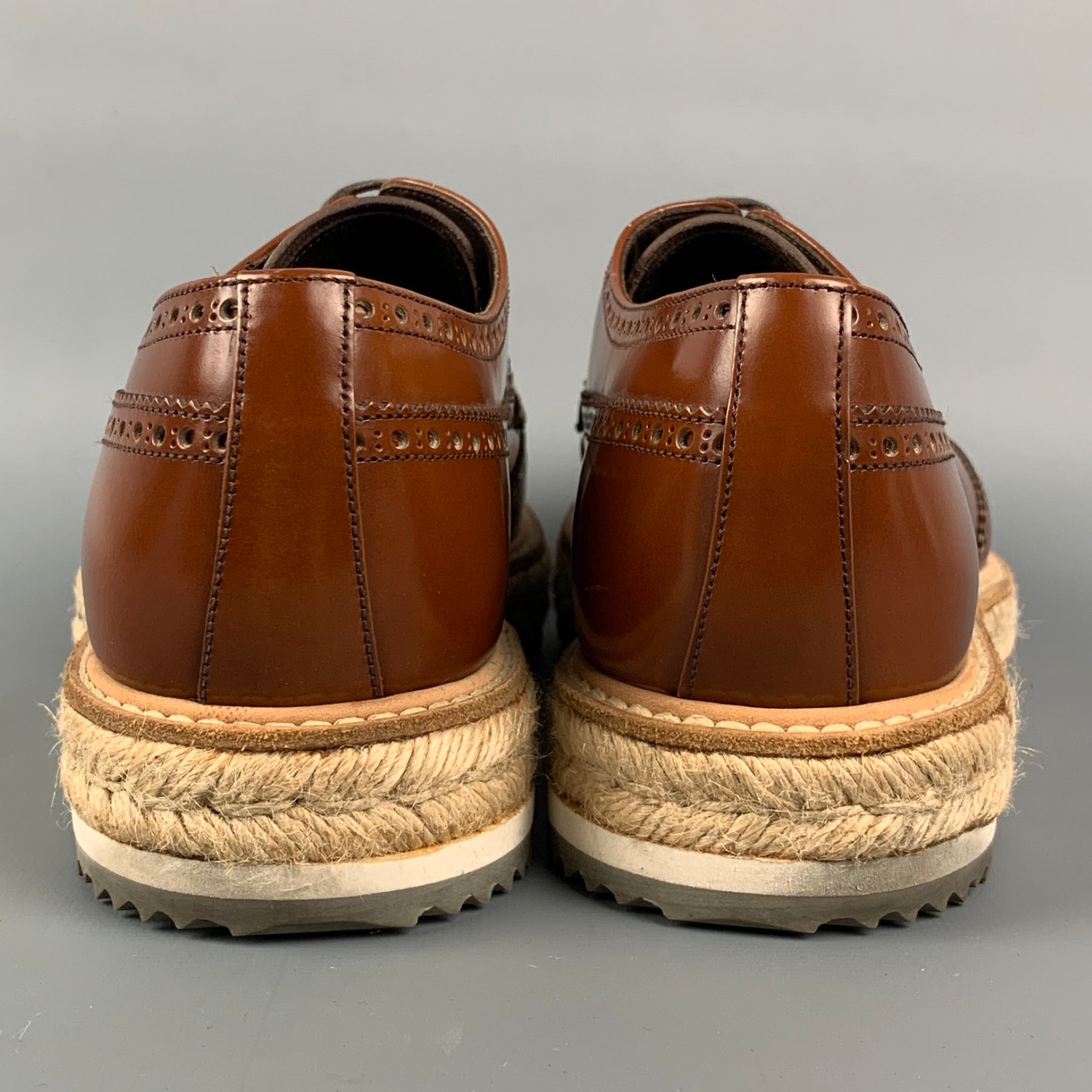 PRADA Size 9.5 Brown Perforated Leather Platform Lace-Up Shoes PRADA Brogue Genuine Leather Wingtip Platform Derby Sneakers  main image 3