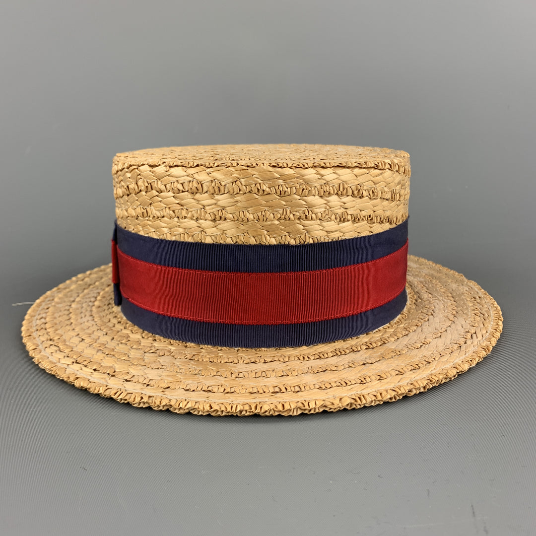 HERBERT JOHNSON Size 7 1/8 Straw Woven Red & Navy Grosgrain Boater Hat