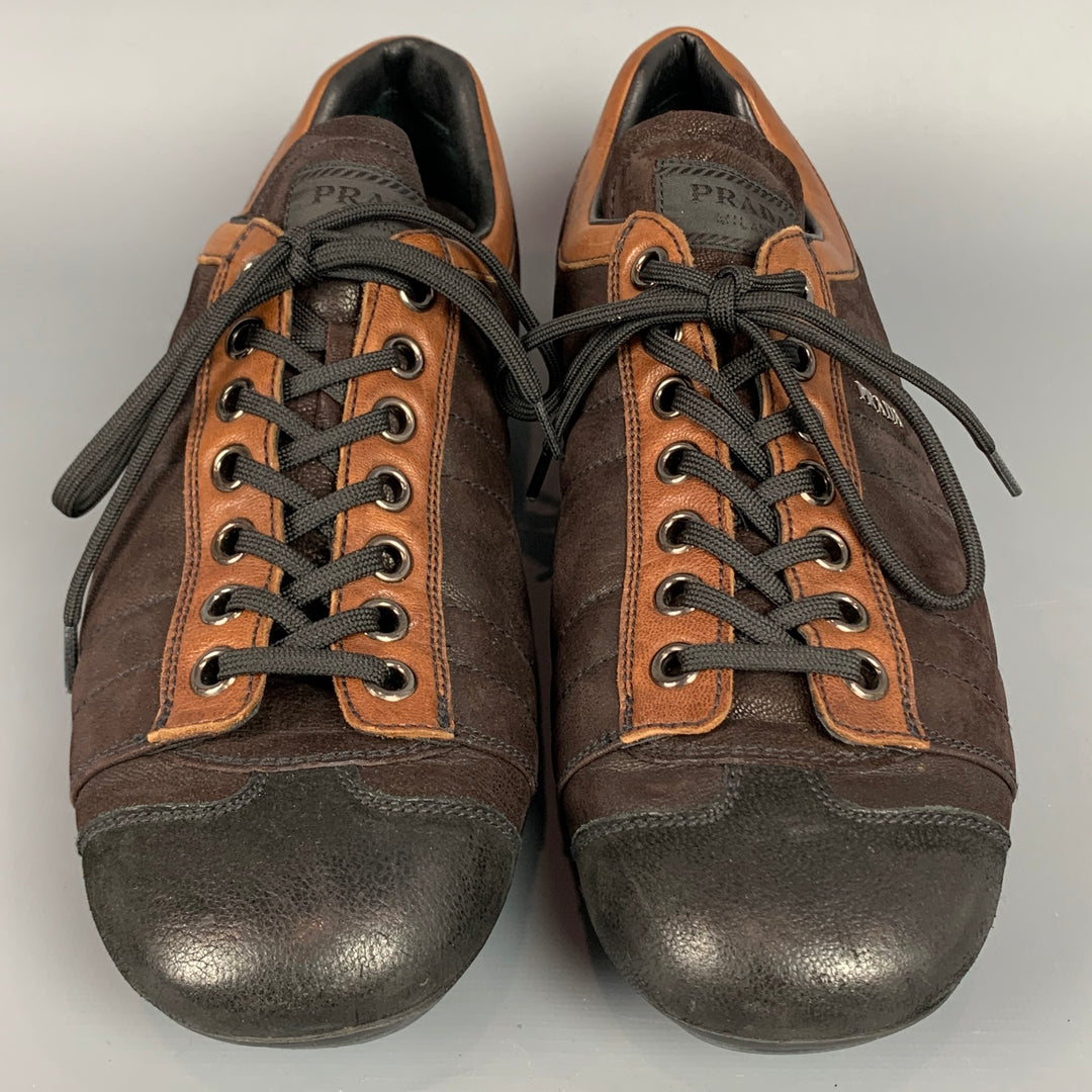 PRADA Size 12 Brown & Tan Quilted Leather Lace Up Shoes