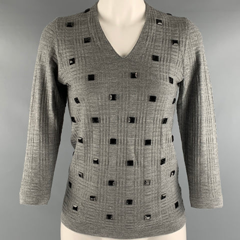 MARLOWE Talla S Top informal con cuello en V y cuentas de seda de cachemira gris y negro