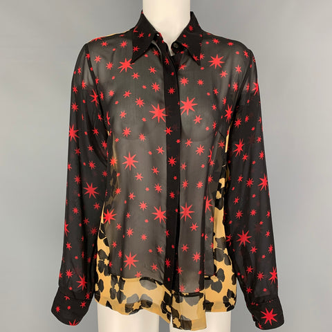 DRIES VAN NOTEN Size 8 Black Red Silk Stars Long Sleeve Blouse