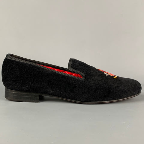 CROCKETT & JONES Size 8 Black Cheeky Devil Embroidery Velvet Slip On Loafers
