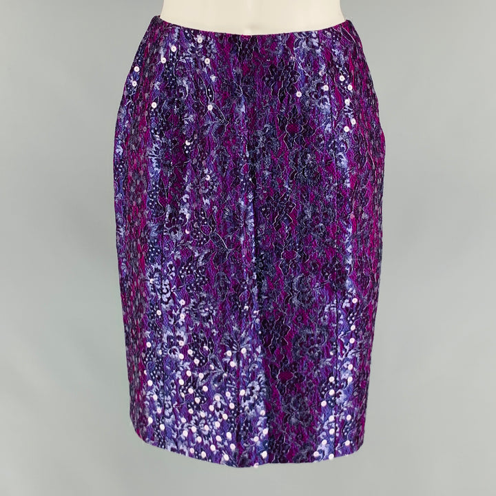 GEOFFREY BEENE Size 6 Purple Silver Lace Below Knee Skirt