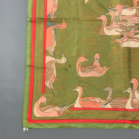 HERMES LA MARE AUX CANARDS Green Pink Print Silk Scarf