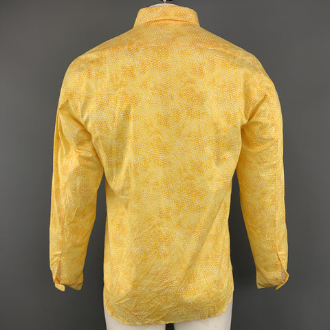 AGNES B. Size L Yellow Snake Skin Print Textured Cotton Button Up Long Sleeve Shirt