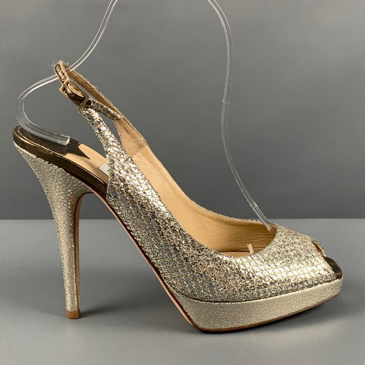 JIMMY CHOO Sandales à bride arrière en cuir métallisé argenté, taille 8