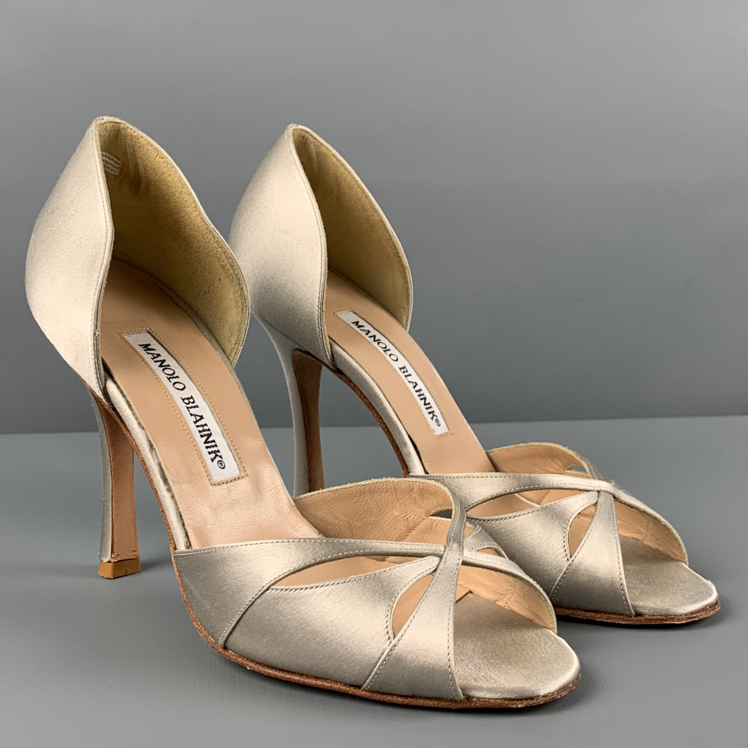 MANOLO BLAHNIK Talla 6.5 Zapatos de tacón D'Orsay de seda gris metalizado