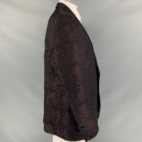DOLCE & GABBANA Alta Sartoria Size 48 Black & Burgundy Jacquard Cotton Blend Sport Coat