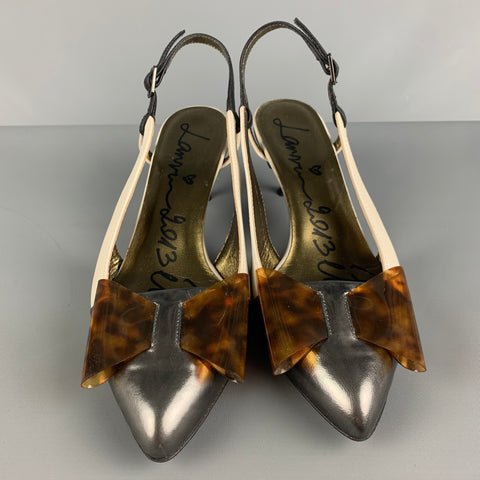 LANVIN Talla 9 Zapatos de tacón de gatito de cuero plateado color crema