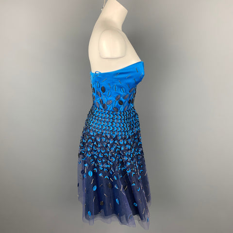 CAROLINA HERRERA Size 6 Royal Blue & Navy Cotton / Polyester Strapless A-Line Dress