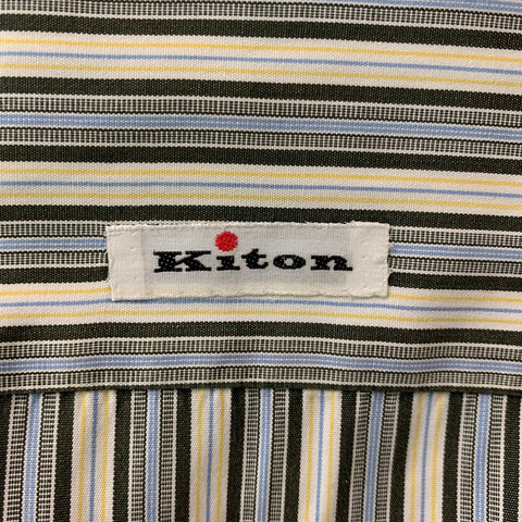 KITON Size L Cream, Black &  Blue Stripe Cotton Button Down Long Sleeve Shirt