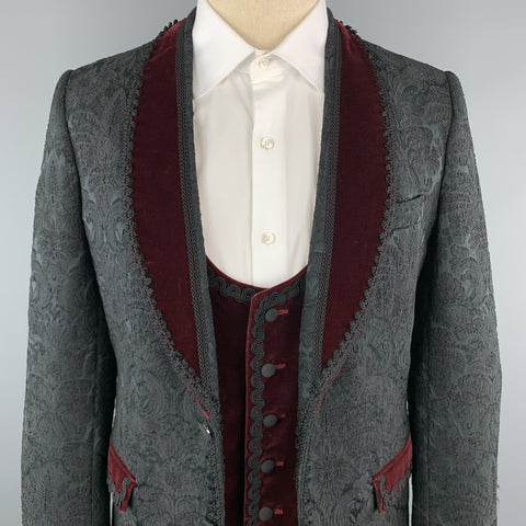 DOLCE & GABBANA 40 Black Brocade & Burgundy Velvet 3pc Suit