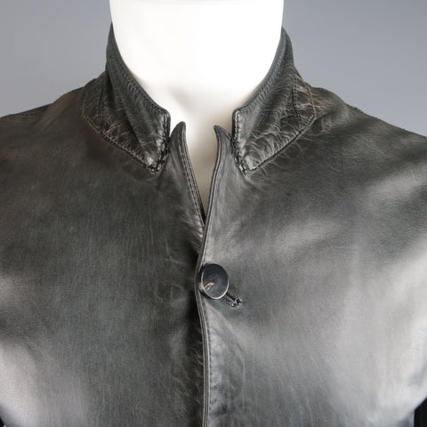 UN SOLO MONDO L Charcoal Distressed Leather Peak Lapel Jacket