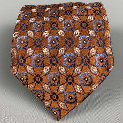 ERMENEGILDO ZEGNA Brown Navy Abstract Floral Silk Jacquard Tie