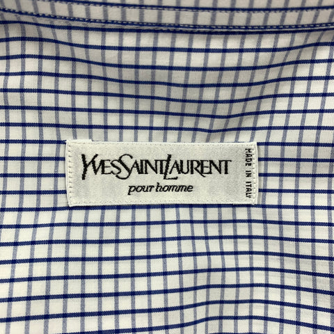 YVES SAINT LAURENT Size XL White & Navy Window Pane Cotton Long Sleeve Shirt