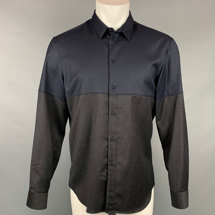 EMPORIO ARMANI Size M Charcoal & Navy Color Block Wool Button Up Long Sleeve Shirt