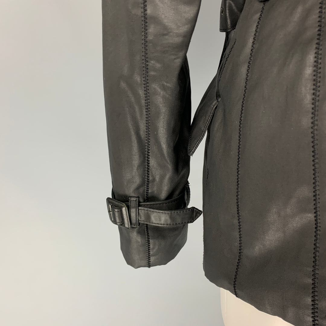 JEAN PAUL GAULTIER Size 10 Black Coated Cotton Belted Double Breasted Jacket