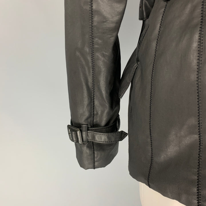 JEAN PAUL GAULTIER Size 10 Black Coated Cotton Belted Double Breasted Jacket