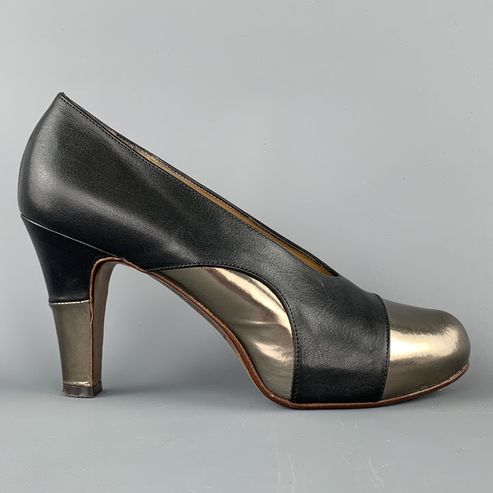 ELLEN VERBEEK Talla 8.5 Zapatos de tacón de cuero de cuero negro y plateado