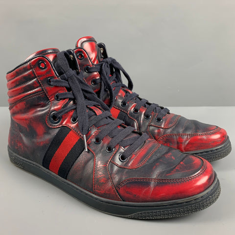 GUCCI Size 9.5 Red Navy Marbled Leather High Top Sneakers