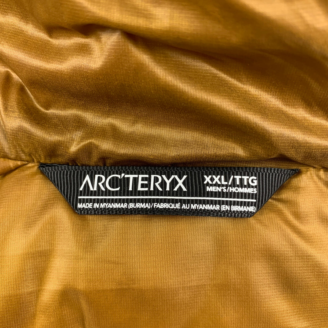 ARCTERYX Size XXL Black & Mustard Quilted Goose Down Nylon Hooded Jacket