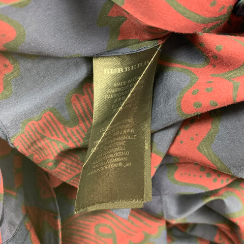 BURBERRY PRORSUM Fall 2014 Size M Navy & Burgundy Leaf Print Cotton / Silk Long Sleeve Shirt