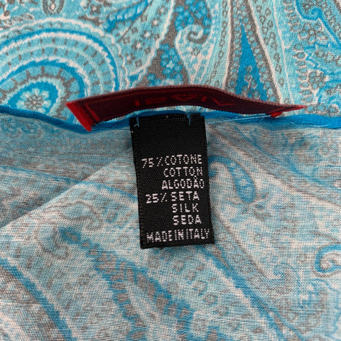 ISAIA Turquoise Taupe Paisley Cotton Silk Pocket Square