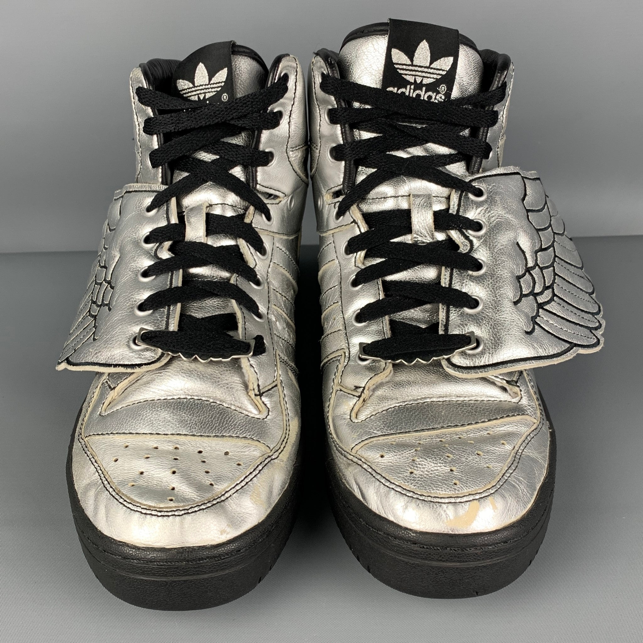 ADIDAS x JEREMY SCOTT Size 9 Silver Black Leather Metallic Wing