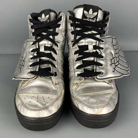 ADIDAS x JEREMY SCOTT Size 9 Silver Black Leather Metallic Wing Sneakers