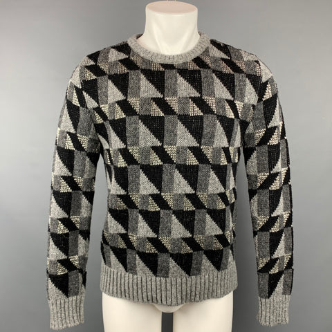 SAINT LAURENT F/W 15 Size L Grey & Black Triangle Wool Blend Crew-Neck Sweater