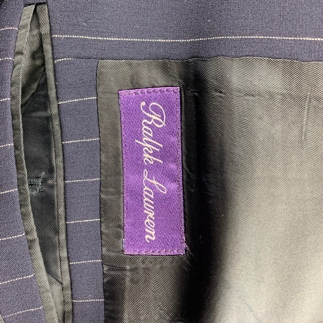 RALPH LAUREN Purple Label Costume à revers en pointe en laine vierge à rayures bleu marine