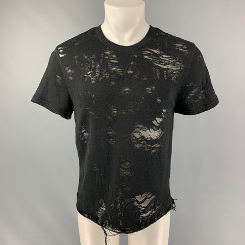 IRO Gaetane Size XS  Black Distressed Cotton Blend Crew-Neck T-shirt