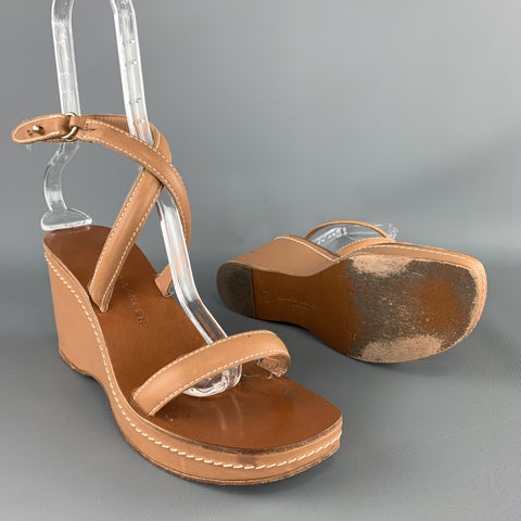RALPH LAUREN Talla 9.5 Sandalias de cuña con plataforma con puntadas en contraste de cuero color canela