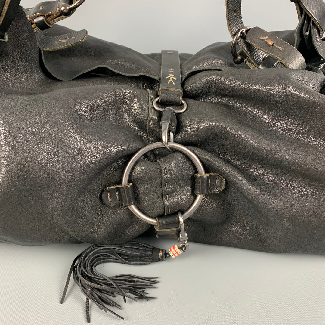 HENRY BEGUELIN Black Distressed Leather Top Handle Bag